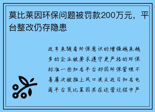 莫比莱因环保问题被罚款200万元，平台整改仍存隐患