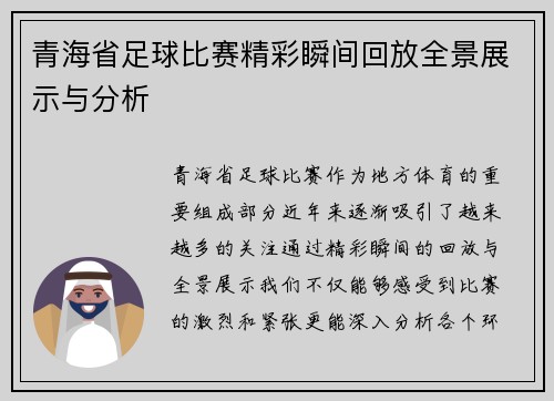 青海省足球比赛精彩瞬间回放全景展示与分析
